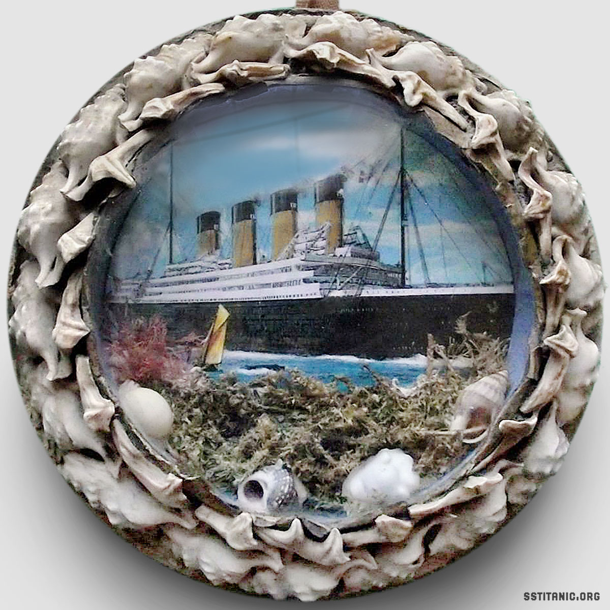 hmhs rms britannic shellwork shells glass dome sailors valentine souvenir titanic 1912