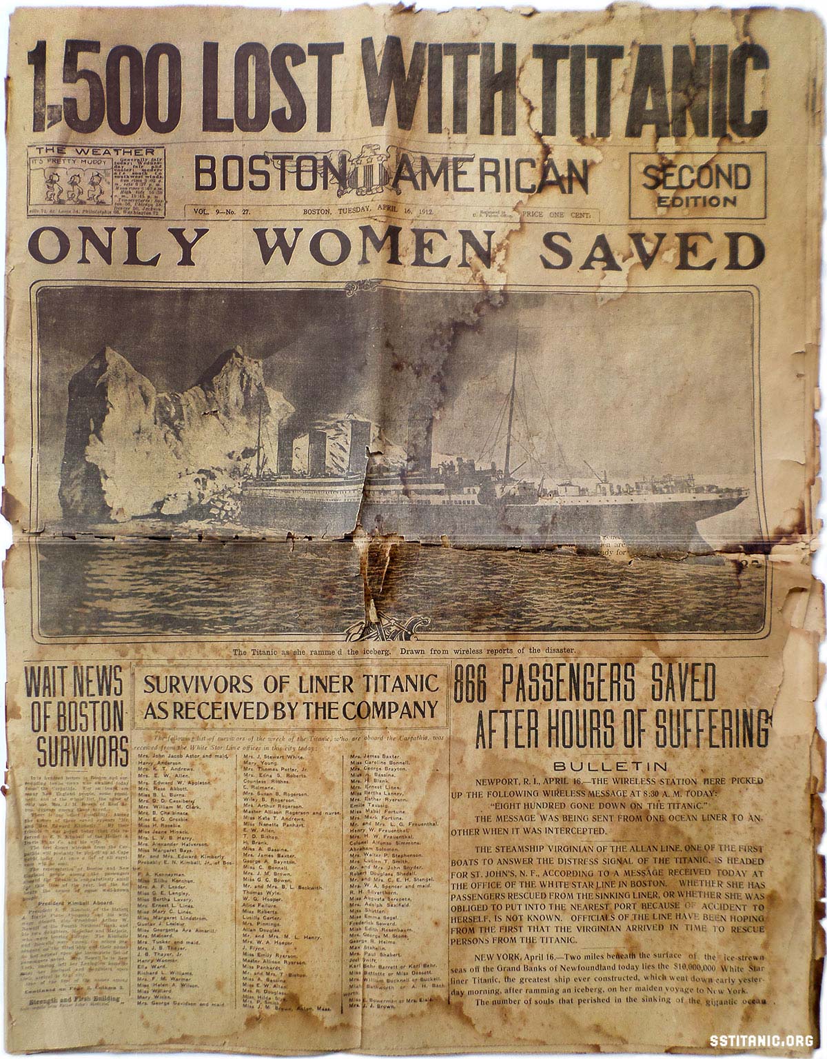 newspaper frontpage boston american tuesday 16 april titanic 1912