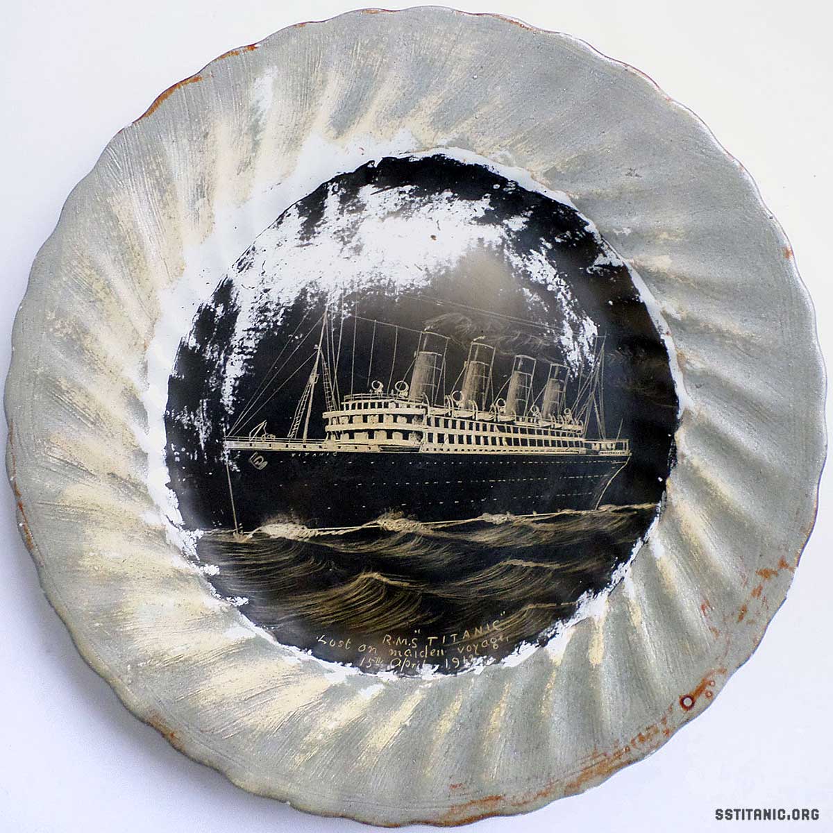 scratch drawing painting folk art plate ceramic titanic 1912