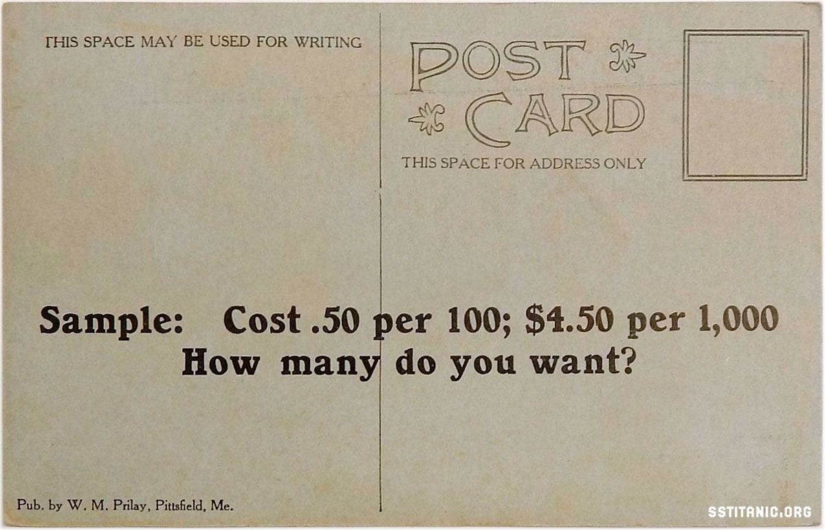 salesman sample postcard prilay pittsfield me titanic 1912