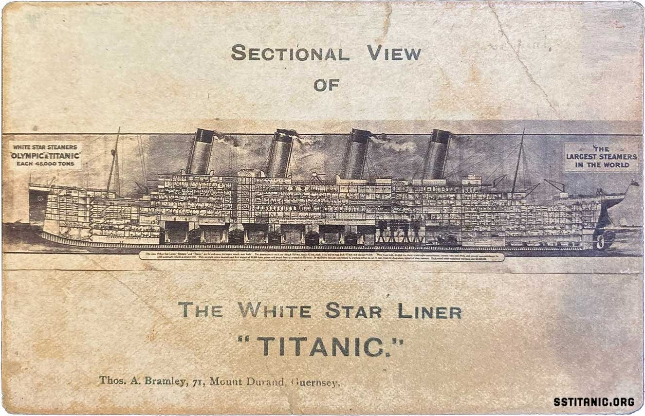 sectional view titanic rare postcard bramley 1912