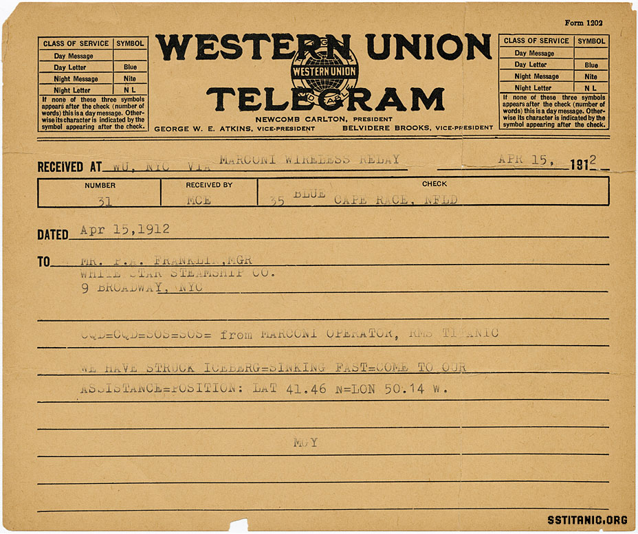 western union telegram telegraph marconi marconigram sos distress franklin titanic 1912